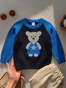 SHEIN Playful Pals 男嬰針織套頭圓領長袖毛衣，適合秋冬，多色條紋，時尚帥氣，適合日常穿著、居家、外出、旅行、上學 - 藍色 - 查看 1