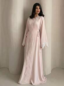 Yasveil 女士春夏粉色编织长袖蕾丝边系带A字优雅浪漫阿拉伯连衣裙 - 粉色 - 查看 1