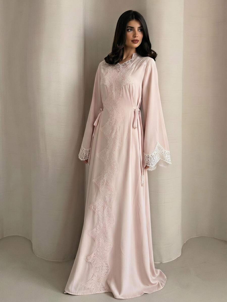 Yasveil 女士春夏粉色编织长袖蕾丝边系带A字优雅浪漫阿拉伯连衣裙 - 粉色 - 查看 1