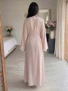 Yasveil 女士春夏粉色编织长袖蕾丝边系带A字优雅浪漫阿拉伯连衣裙 - 粉色 - 查看 2