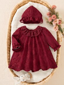 SHEIN 2件組新生女嬰復古花卉刺繡鏤空設計彼得潘領長袖泡泡袖A字洋裝，附配套蕾絲帽子 - 酒紅色 - 查看 4