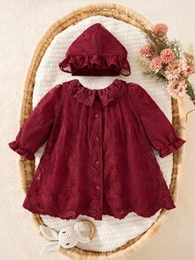 SHEIN 2件組新生女嬰復古花卉刺繡鏤空設計彼得潘領長袖泡泡袖A字洋裝，附配套蕾絲帽子 - 酒紅色 - 查看 2