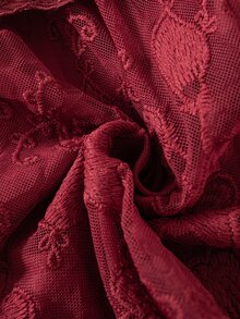 SHEIN 2件組新生女嬰復古花卉刺繡鏤空設計彼得潘領長袖泡泡袖A字洋裝，附配套蕾絲帽子 - 酒紅色 - 查看 5
