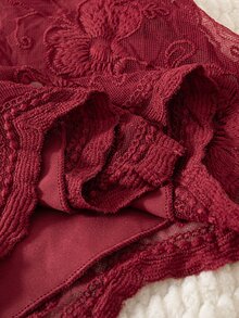 SHEIN 2件組新生女嬰復古花卉刺繡鏤空設計彼得潘領長袖泡泡袖A字洋裝，附配套蕾絲帽子 - 酒紅色 - 查看 8