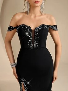 Coutiva Vestido de noche formal para mujer con hombros descubiertos, decorado con pedrería y abertura lateral - Negro - Ver 5