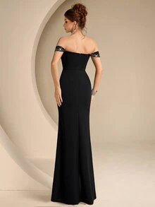 Coutiva Vestido de noche formal para mujer con hombros descubiertos, decorado con pedrería y abertura lateral - Negro - Ver 6