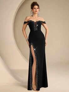 Coutiva Vestido de noche formal para mujer con hombros descubiertos, decorado con pedrería y abertura lateral - Negro - Ver 3
