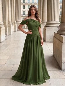 Poshira Women's Solid Color Asymmetrical Shoulder Ruched Elegant Waist-Cinching Formal Evening Gown Dress - Army Green - View 1