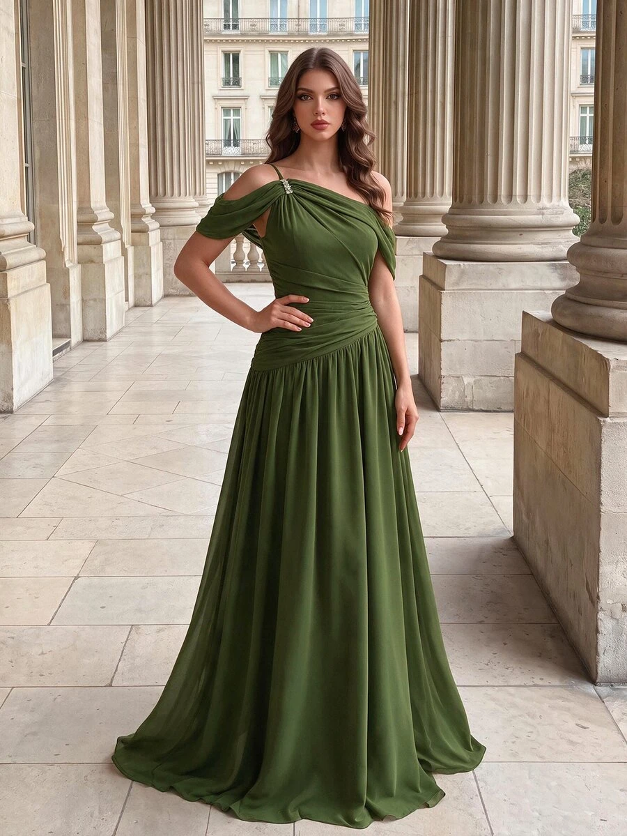 Poshira Women's Solid Color Asymmetrical Shoulder Ruched Elegant Waist-Cinching Formal Evening Gown Dress - Army Green - View 1