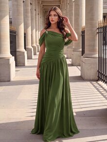 Poshira Women's Solid Color Asymmetrical Shoulder Ruched Elegant Waist-Cinching Formal Evening Gown Dress - Army Green - View 4