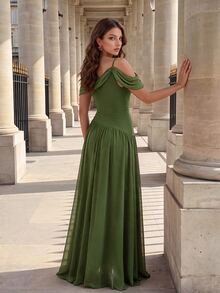 Poshira Women's Solid Color Asymmetrical Shoulder Ruched Elegant Waist-Cinching Formal Evening Gown Dress - Army Green - View 2