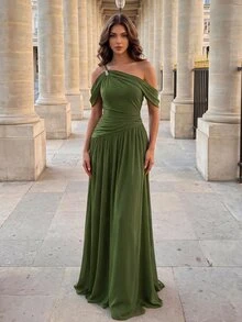 Poshira Women's Solid Color Asymmetrical Shoulder Ruched Elegant Waist-Cinching Formal Evening Gown Dress - Army Green - View 6