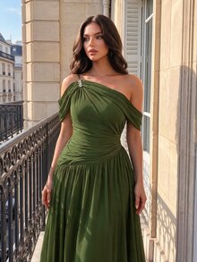 Poshira Women's Solid Color Asymmetrical Shoulder Ruched Elegant Waist-Cinching Formal Evening Gown Dress - Army Green - View 5