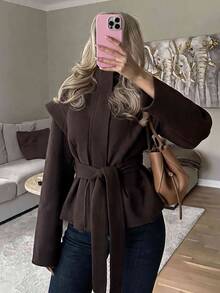 SHEIN BAE Women's Autumn/Winter Brown Herringbone Wool Vintage Fashion Commuter Long Sleeve Jacket, Suitable For Social Gatherings And Daily Commute - Brown - View 8