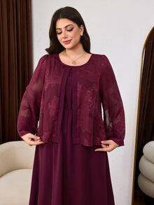 Lacomfia Casual Minimalist Chiffon Jacquard Patchwork Solid Color Round Neck Long Sleeve Cinched Waist 2 In 1 Dress Plus Size Spring Autumn - Burgundy - View 4