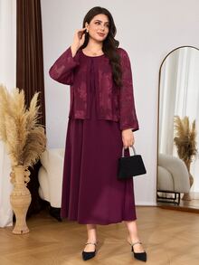 Lacomfia Casual Minimalist Chiffon Jacquard Patchwork Solid Color Round Neck Long Sleeve Cinched Waist 2 In 1 Dress Plus Size Spring Autumn - Burgundy - View 5