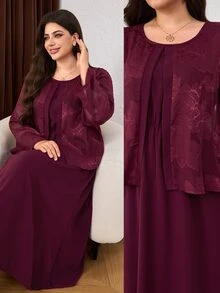 Lacomfia Casual Minimalist Chiffon Jacquard Patchwork Solid Color Round Neck Long Sleeve Cinched Waist 2 In 1 Dress Plus Size Spring Autumn - Burgundy - View 1