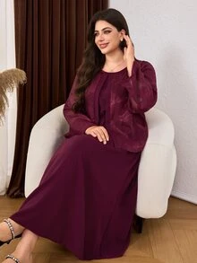Lacomfia Casual Minimalist Chiffon Jacquard Patchwork Solid Color Round Neck Long Sleeve Cinched Waist 2 In 1 Dress Plus Size Spring Autumn - Burgundy - View 6