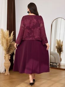Lacomfia Casual Minimalist Chiffon Jacquard Patchwork Solid Color Round Neck Long Sleeve Cinched Waist 2 In 1 Dress Plus Size Spring Autumn - Burgundy - View 2