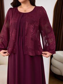 Lacomfia Casual Minimalist Chiffon Jacquard Patchwork Solid Color Round Neck Long Sleeve Cinched Waist 2 In 1 Dress Plus Size Spring Autumn - Burgundy - View 3