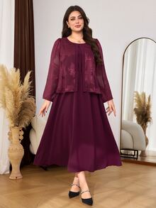Lacomfia Casual Minimalist Chiffon Jacquard Patchwork Solid Color Round Neck Long Sleeve Cinched Waist 2 In 1 Dress Plus Size Spring Autumn - Burgundy - View 7