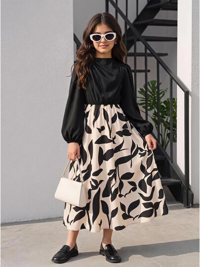 SHEIN فستان طويل الأكمام بقصة A-Line للبنات المراهقات، أسود بتصميم مرقع، كاجوال وعصري للتنقل اليومي، مناسب للخريف والشتاء، فستان حفلة العودة للمنزل وهالوين وأسلوب خريفي وعيد الميلاد