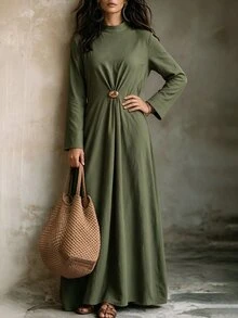 Wandoria Middle Eastern Modest Elegant Long Dress Textured Fabric Waist-Cinching Metal Buckle Loose Abaya Robe - Green - View 3