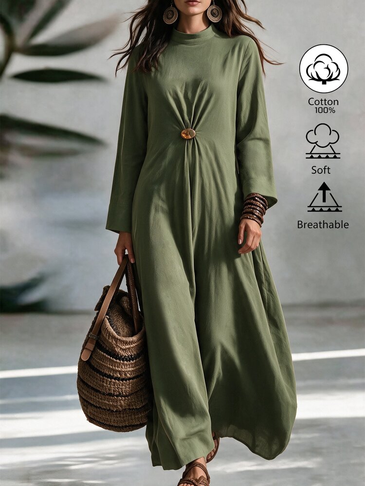 Wandoria 中東風端莊優雅長洋裝 紋理面料 收腰金屬扣 寬鬆式 Abaya 外袍 - 綠色 - 查看 1