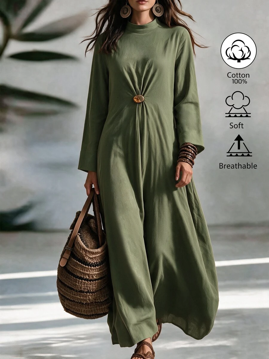 Wandoria Middle Eastern Modest Elegant Long Dress Textured Fabric Waist-Cinching Metal Buckle Loose Abaya Robe - Green - View 1