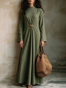 Wandoria Middle Eastern Modest Elegant Long Dress Textured Fabric Waist-Cinching Metal Buckle Loose Abaya Robe - Green - View 6