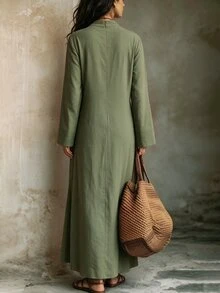Wandoria Middle Eastern Modest Elegant Long Dress Textured Fabric Waist-Cinching Metal Buckle Loose Abaya Robe - Green - View 2
