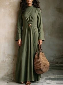 Wandoria Middle Eastern Modest Elegant Long Dress Textured Fabric Waist-Cinching Metal Buckle Loose Abaya Robe - Green - View 4