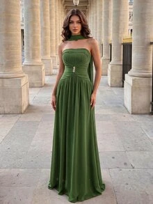 Modelyn Women's Solid Color Rhinestone Decor Strapless Elegant Formal Evening Gown (Heavy Embellishment) - Army Green - View 5