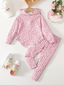 Elladie kids 女童粉色豹紋連帽兩件套，粉色滿版豹紋連帽長袖上衣，弧形下擺開衩設計，搭配豹紋長褲，適合日常上學、戶外拍照、拜訪親友、郊外出遊，春秋穿著，時尚有型 - 粉色 - 查看 5