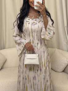 Yasveil Women  Al-Adha Digital Print Water-Soluble Lace Gradient Arabic Style Dress,  Modest Gown, Long Flared Sleeve Tie-Waist A-Line Chic S - Multicolor - View 4