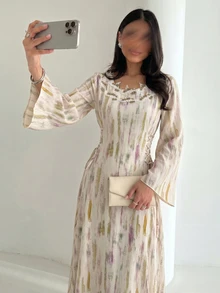 Yasveil Women  Al-Adha Digital Print Water-Soluble Lace Gradient Arabic Style Dress,  Modest Gown, Long Flared Sleeve Tie-Waist A-Line Chic S - Multicolor - View 5