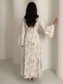 Yasveil Women  Al-Adha Digital Print Water-Soluble Lace Gradient Arabic Style Dress,  Modest Gown, Long Flared Sleeve Tie-Waist A-Line Chic S - Multicolor - View 2