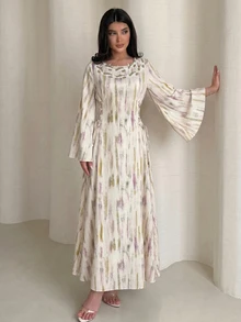 Yasveil Women  Al-Adha Digital Print Water-Soluble Lace Gradient Arabic Style Dress,  Modest Gown, Long Flared Sleeve Tie-Waist A-Line Chic S - Multicolor - View 7