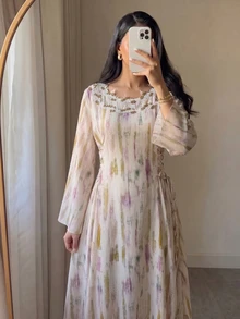 Yasveil Women  Al-Adha Digital Print Water-Soluble Lace Gradient Arabic Style Dress,  Modest Gown, Long Flared Sleeve Tie-Waist A-Line Chic S - Multicolor - View 9