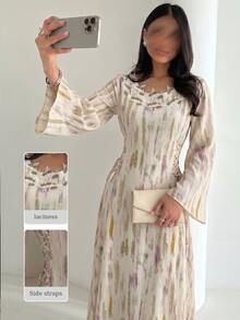 Yasveil Women  Al-Adha Digital Print Water-Soluble Lace Gradient Arabic Style Dress,  Modest Gown, Long Flared Sleeve Tie-Waist A-Line Chic S - Multicolor - View 3