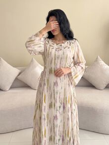 Yasveil Women  Al-Adha Digital Print Water-Soluble Lace Gradient Arabic Style Dress,  Modest Gown, Long Flared Sleeve Tie-Waist A-Line Chic S - Multicolor - View 6