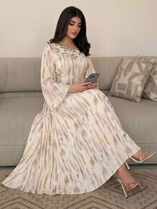 Yasveil Women  Al-Adha Digital Print Water-Soluble Lace Gradient Arabic Style Dress,  Modest Gown, Long Flared Sleeve Tie-Waist A-Line Chic S - Multicolor - View 1