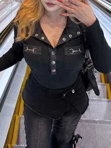 FRIFUL Women's Solid Color Casual Versatile Daily Wear Long Sleeve T-Shirt - Black - View 1