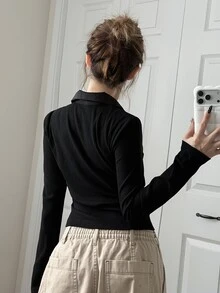FRIFUL Women's Solid Color Casual Versatile Daily Wear Long Sleeve T-Shirt - Black - View 4