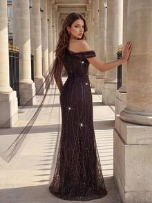 Poshira Women's Asymmetrical Shoulder Sequin Design Contrast Mesh Fitted Glamorous Formal Evening Gown (Heavy Embellishment) - Brown - View 2