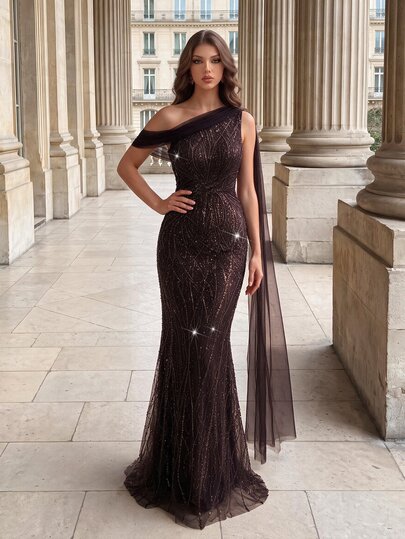 Poshira Women's Asymmetrical Shoulder Sequin Design Contrast Mesh Fitted Glamorous Formal Evening Gown (Heavy Embellishment)