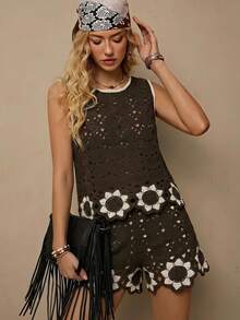 Freevana Women's Vacation Design Hollow See-Through 3D Floral Hem Knit Sleeveless Top And Fashionable Shorts 2 Pieces Set Beach Picnic Grey Summer Boho - Coffee Brown - View 2