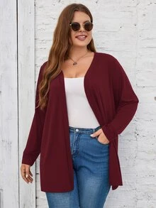 SHEIN LUNE Plus Size Solid Color Long Sleeve Cardigan, Casual Daily Wear Winter Fall Autumn Claret - Burgundy - View 5