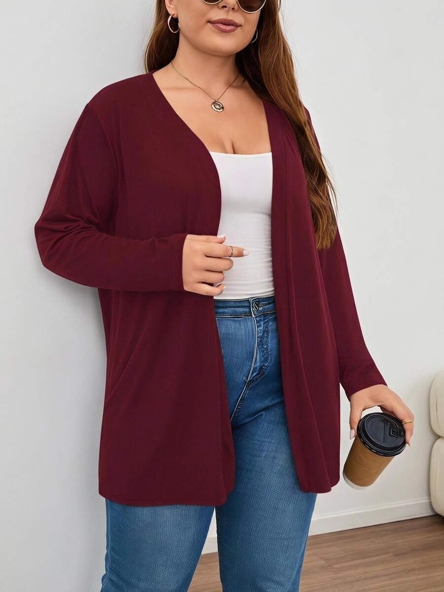 SHEIN LUNE Plus Size Solid Color Long Sleeve Cardigan, Casual Daily Wear Winter Fall Autumn Claret - Burgundy - View 1