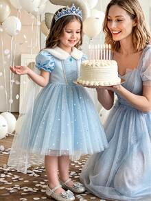 SHEIN 女童公主洋裝，藍色薄紗蓬蓬袖洋裝，生日派對、婚禮禮服，可愛聖誕洋裝、新年洋裝 - 藍色 - 查看 3